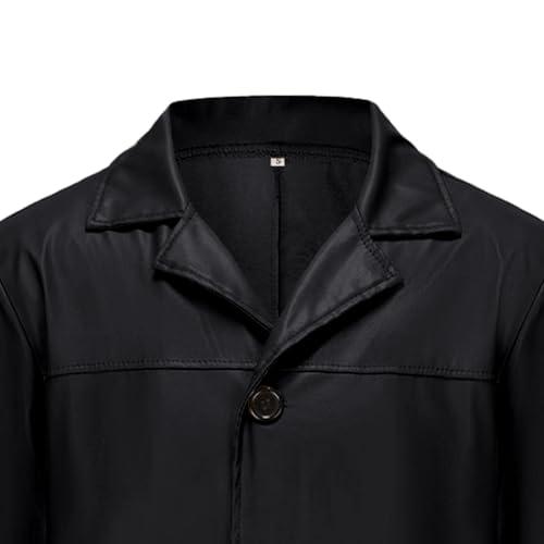 Men's Full Length Faux Leather Trench Coat Vintage Long Coats Fall Winter Windproof Jacket Open Front Cardigan