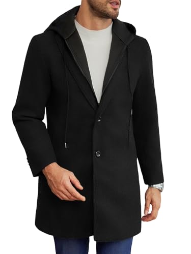 Mens Trench Coat Single Breasted Mid-Long Pea Coat Classic Winter Business Jacket with Detachable Hood
