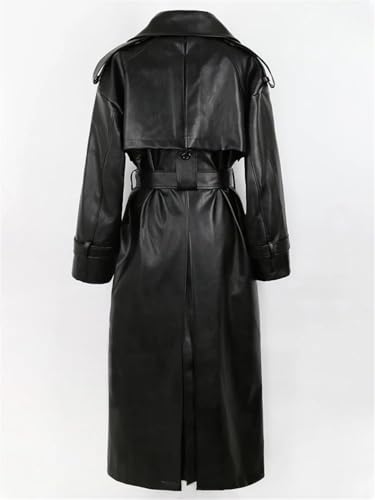 Women's Spring Belted Double-Breasted Loose Korean-Style Long Leather Trench Coat