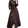 Women's Belted Double-Breasted Long Burgundy Soft Faux Leather Trench Coat