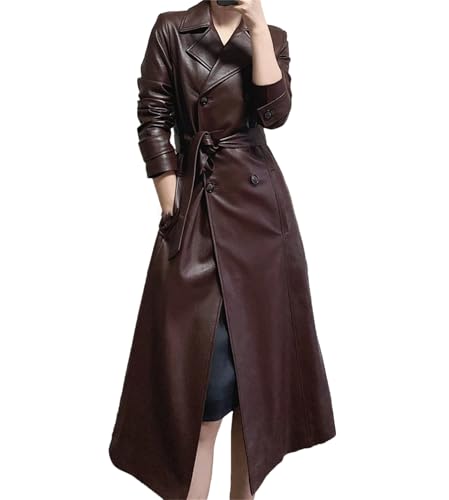 Women's Belted Double-Breasted Long Burgundy Soft Faux Leather Trench Coat