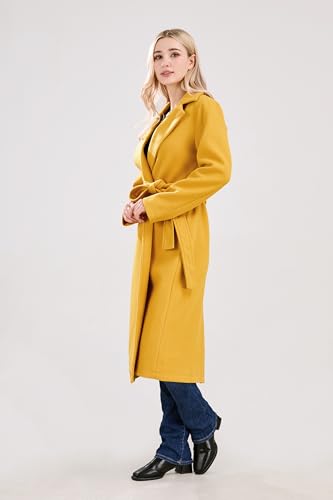 Womens Long Wool Pea Coats Notched Collar Open Front Woolen Blend Trench Coat with Belt