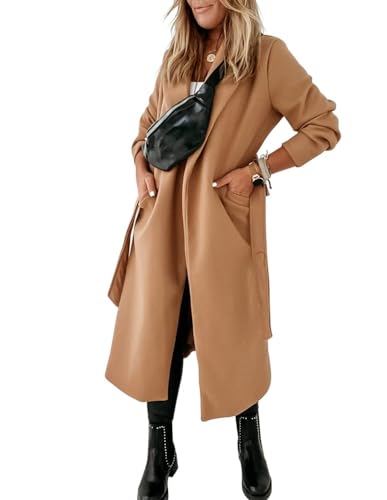 Womens Classic Coat Lapel Collar Open Front Belted Long Jacket