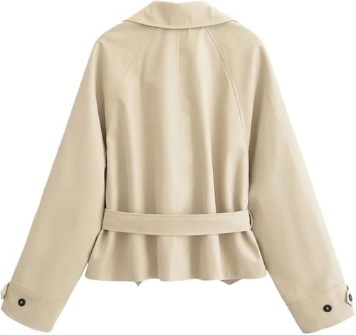 Women's Casual Short Trench Coat Lapel Long Sleeve Single Breasted Lace-Up Jacket Lightweight Outerwear