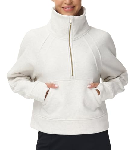 Womens' Half Zip Pullover Fleece Stand Collar Crop Sweatshirt with Pockets Thumb Hole