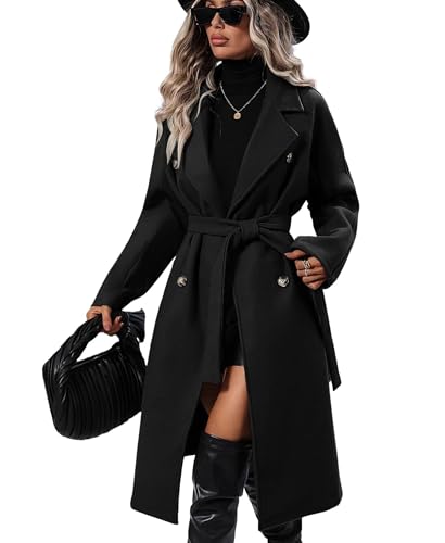 Women's Winter Wool Blend Pea Coat Double Breasted Notch Lapel Long Trench Coat