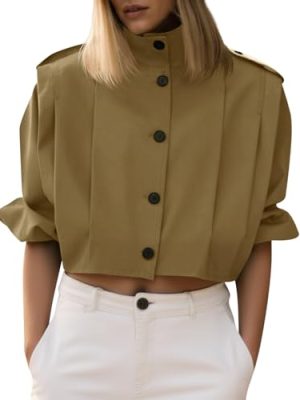 Womens Cropped Trench Coats Pleated Button Down Short Jackets Fall Casual Lapel Loose Fit Outerwears