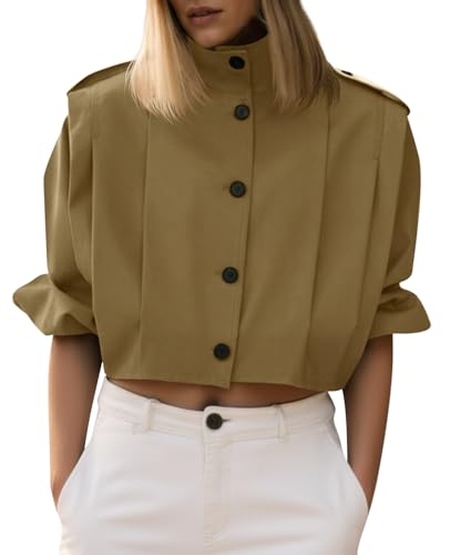 Womens Cropped Trench Coats Pleated Button Down Short Jackets Fall Casual Lapel Loose Fit Outerwears