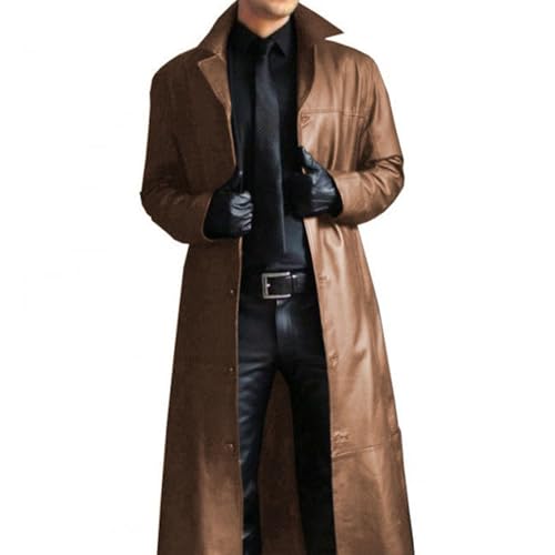 Men's Leather Trench Coat Full Length Vintage Faux Leather Long Overcoat Fall Winter Windproof Jacket Cardigan