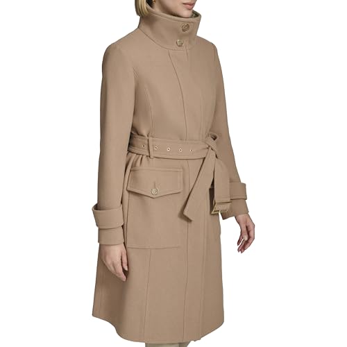 Women's Stand Belted Wool Trench Coat with Soft Ribbed-Knit Collar Detail