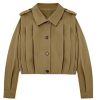 Womens Cropped Trench Coats Pleated Button Down Short Jackets Fall Casual Lapel Loose Fit Outerwears
