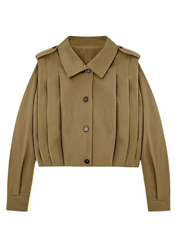 Womens Cropped Trench Coats Pleated Button Down Short Jackets Fall Casual Lapel Loose Fit Outerwears