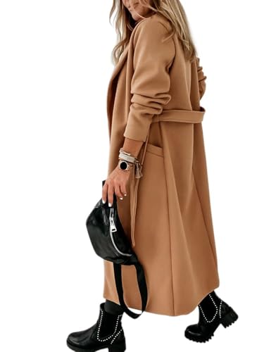 Womens Classic Coat Lapel Collar Open Front Belted Long Jacket