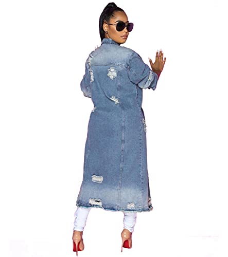 Women's Ripped Out Distressed Washed Long Blue Denim Jacket Trench Coat