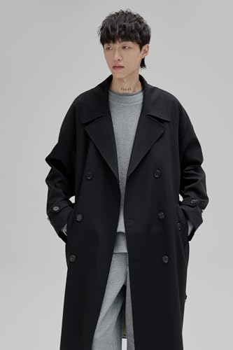 Mens Oversized Long Trench Coat Double Breasted Lapel Windproof Overcoat With Belt