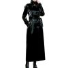 Women's Extra Long Black Reflective Patent Faux Leather Trench Coat Belted European Fashion Windproof Overcoat