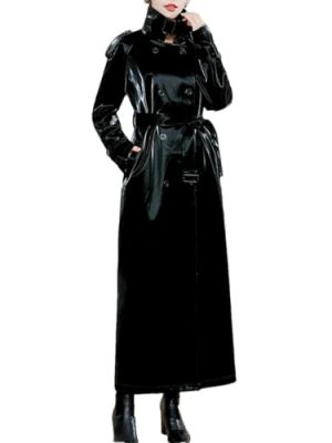 Women's Extra Long Black Reflective Patent Faux Leather Trench Coat Belted European Fashion Windproof Overcoat