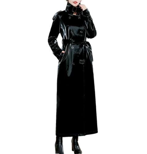Women's Extra Long Black Reflective Patent Faux Leather Trench Coat Belted European Fashion Windproof Overcoat