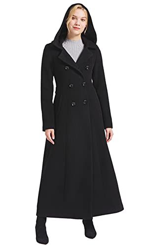 Women's Double Breasted Maxi Long Winter Wool Trench Coat Hooded Thick Warm Overcoats