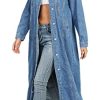 Womens Classic Jean Jacket Plus Size Loose Long Sleeve Button Down Denim Trench Coat