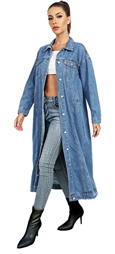 Womens Classic Jean Jacket Plus Size Loose Long Sleeve Button Down Denim Trench Coat