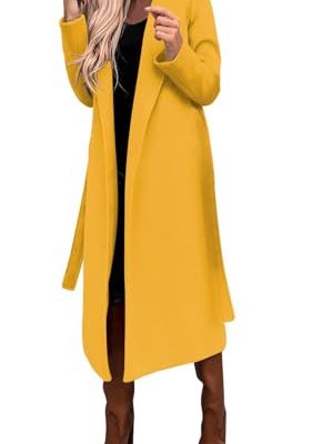 Womens Long Wool Pea Coats Notched Collar Open Front Woolen Blend Trench Coat with Belt