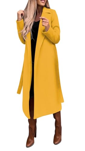 Womens Long Wool Pea Coats Notched Collar Open Front Woolen Blend Trench Coat with Belt