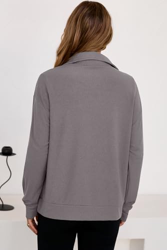 Womens Sweatshirt Waffle Knit Long Sleeve Lapel Half Zip Up Casual Lightweight Soft Sweatshirts Loose Pullover Tops
