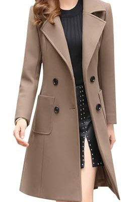 Women Elegant Notched Collar Double Breasted Wool Blend Over Coat