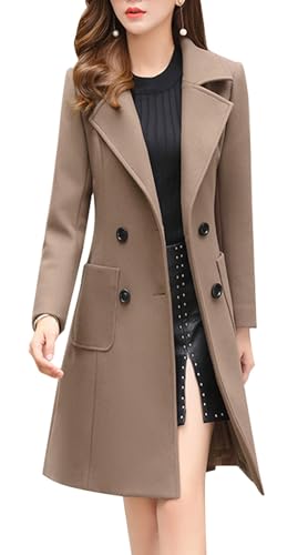 Women Elegant Notched Collar Double Breasted Wool Blend Over Coat