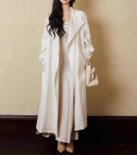 Women's Solid Color Tie-Down Loose Korean-Style Spring Plus-Size Long Linen Trench Coat