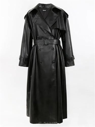 Women's Spring Belted Double-Breasted Loose Korean-Style Long Leather Trench Coat