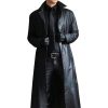Men's Full Length Faux Leather Trench Coat Vintage Long Coats Fall Winter Windproof Jacket Open Front Cardigan