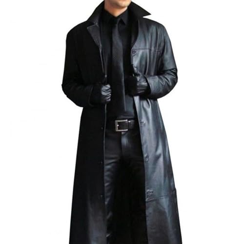 Men's Full Length Faux Leather Trench Coat Vintage Long Coats Fall Winter Windproof Jacket Open Front Cardigan