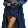Women's Denim Trench Coat Double Breasted Jean Midi Overcoat Classic Lapel Long Jackets With Belt