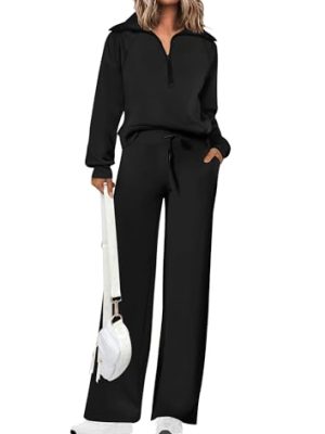 Women's 2 Piece Outfits Casual Lapel Half Zip Sweatshirts And Wide Leg Pants Tracksuit Sets