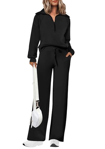 Women's 2 Piece Outfits Casual Lapel Half Zip Sweatshirts And Wide Leg Pants Tracksuit Sets
