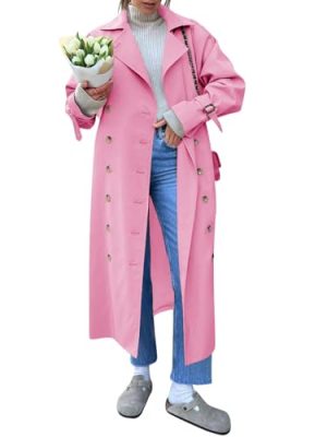 Womens Long Trench Coat Oversized Double Breasted Windproof Classic Lapel Casual Fall Overcoat