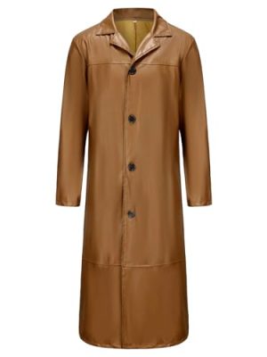 Men's Leather Trench Coat Full Length Vintage Faux Leather Long Overcoat Fall Winter Windproof Jacket Cardigan