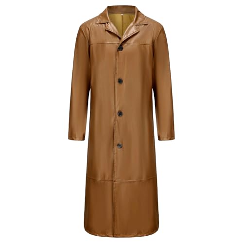 Men's Leather Trench Coat Full Length Vintage Faux Leather Long Overcoat Fall Winter Windproof Jacket Cardigan