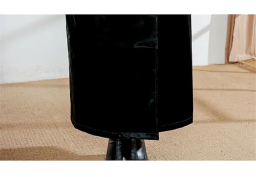 Women's Extra Long Black Reflective Patent Faux Leather Trench Coat Belted European Fashion Windproof Overcoat