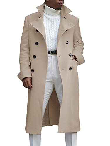 Men's Notch Lapel Double Breasted Long Trench Coat Casual Cotton Blend Peacoat