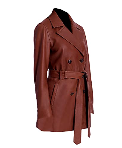 Double Breasted Leather Coat For Women Genuine Leather Trench Coat Long Waist Belt Black and Brown