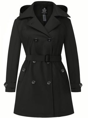 Women's Plus Size Trench Coat Double-Breasted Waterproof Lapel Overcoat Stylish Pea Coat with Detachable Hood