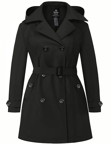 Women's Plus Size Trench Coat Double-Breasted Waterproof Lapel Overcoat Stylish Pea Coat with Detachable Hood