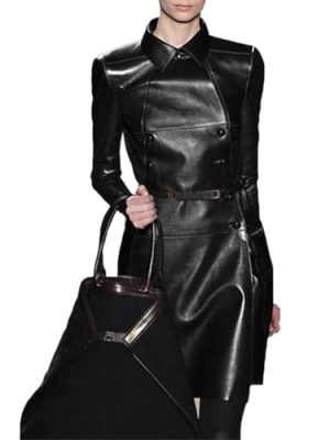 Women's Solid Color Long Sleeve Tie Double-Breasted Long Leather Trench Coat