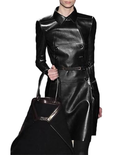 Women's Solid Color Long Sleeve Tie Double-Breasted Long Leather Trench Coat