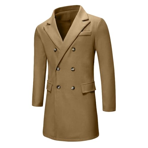 Mens Trench Coat Long Casual Single Brested Overcoat Winter Notched Collar Wool Blend Peacoat with Pockets