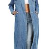 Womens Classic Jean Jacket Plus Size Loose Long Sleeve Button Down Denim Trench Coat