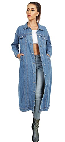 Womens Classic Jean Jacket Plus Size Loose Long Sleeve Button Down Denim Trench Coat